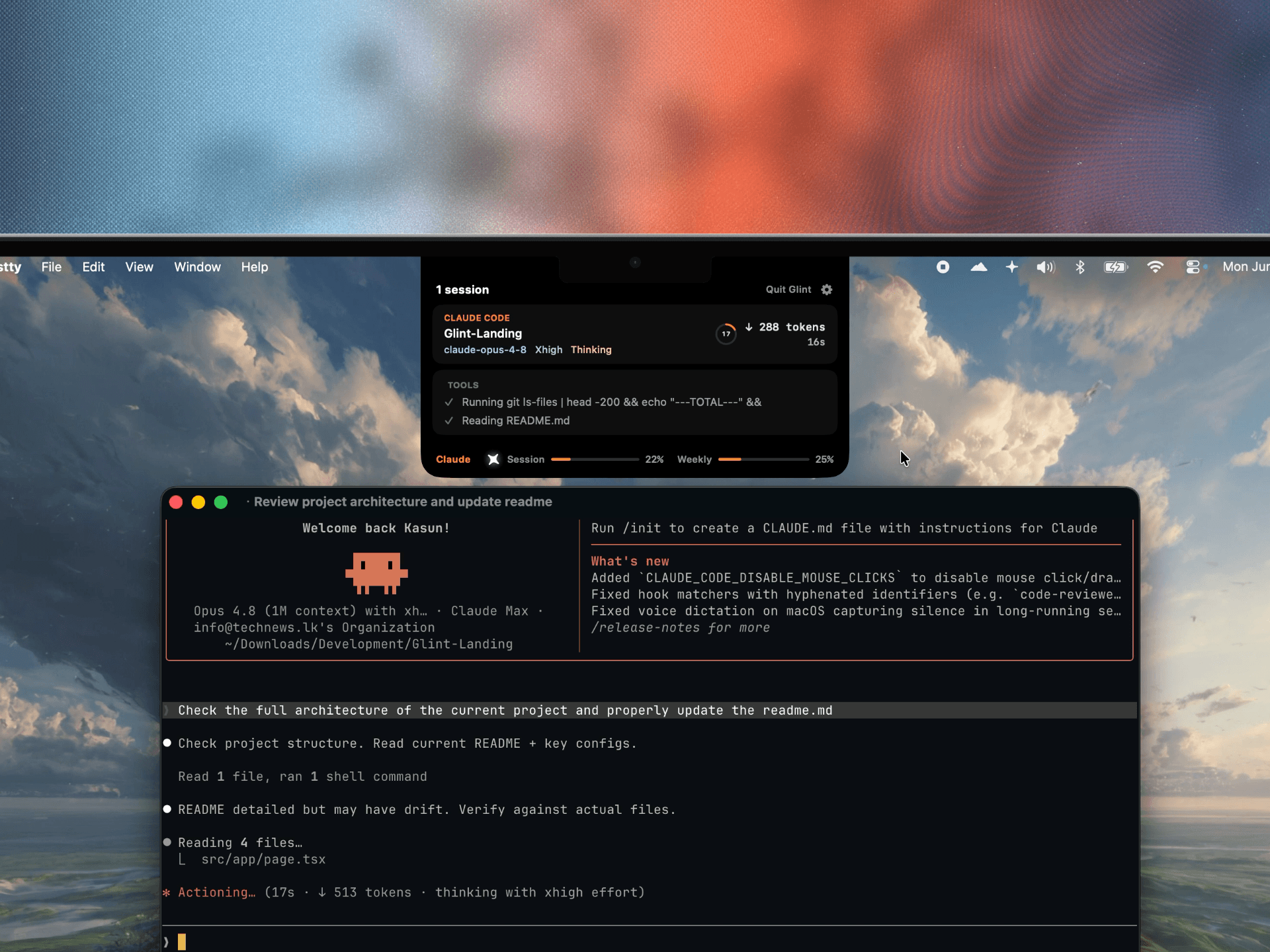Glint's menu-bar dropdown panel open, showing Claude usage meters and account details