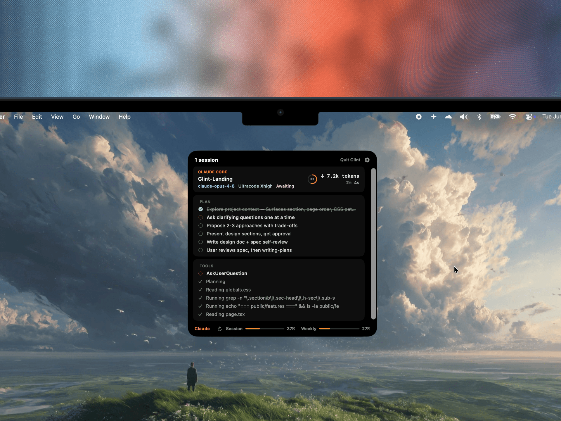 Glint expanded island showing the session card, tools, and usage meters
