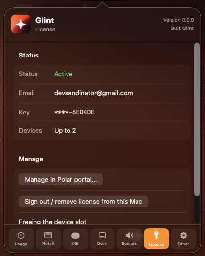 License management in the Glint panel