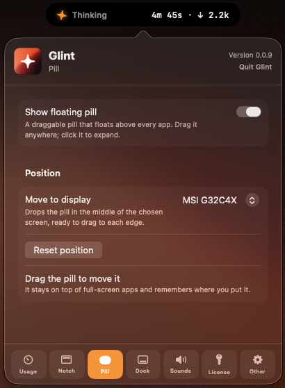 Panel anchored below the floating pill